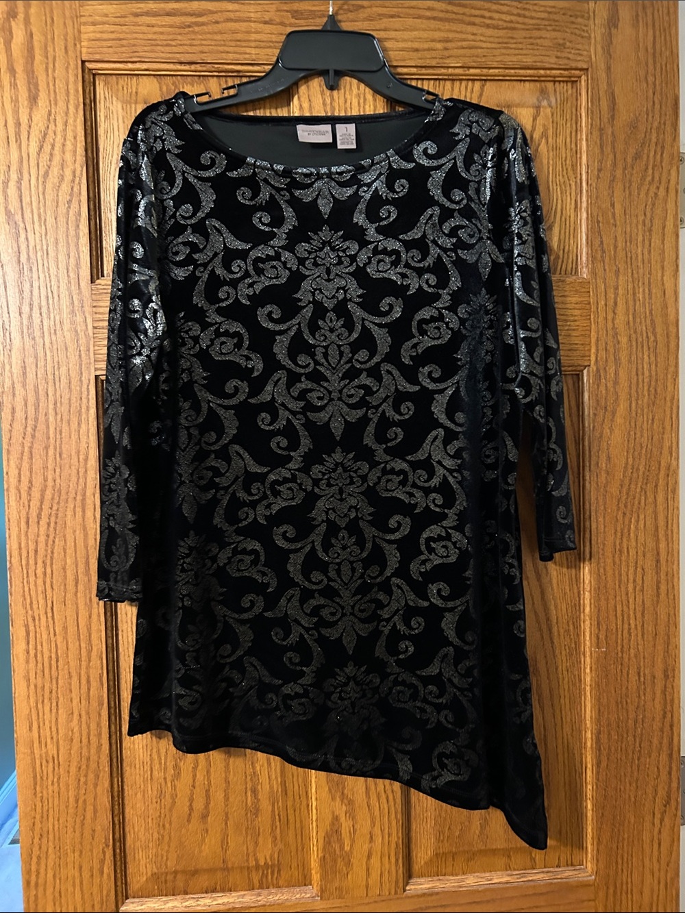 Chico's Black Velvet Tunic with Silver Scroll Pattern